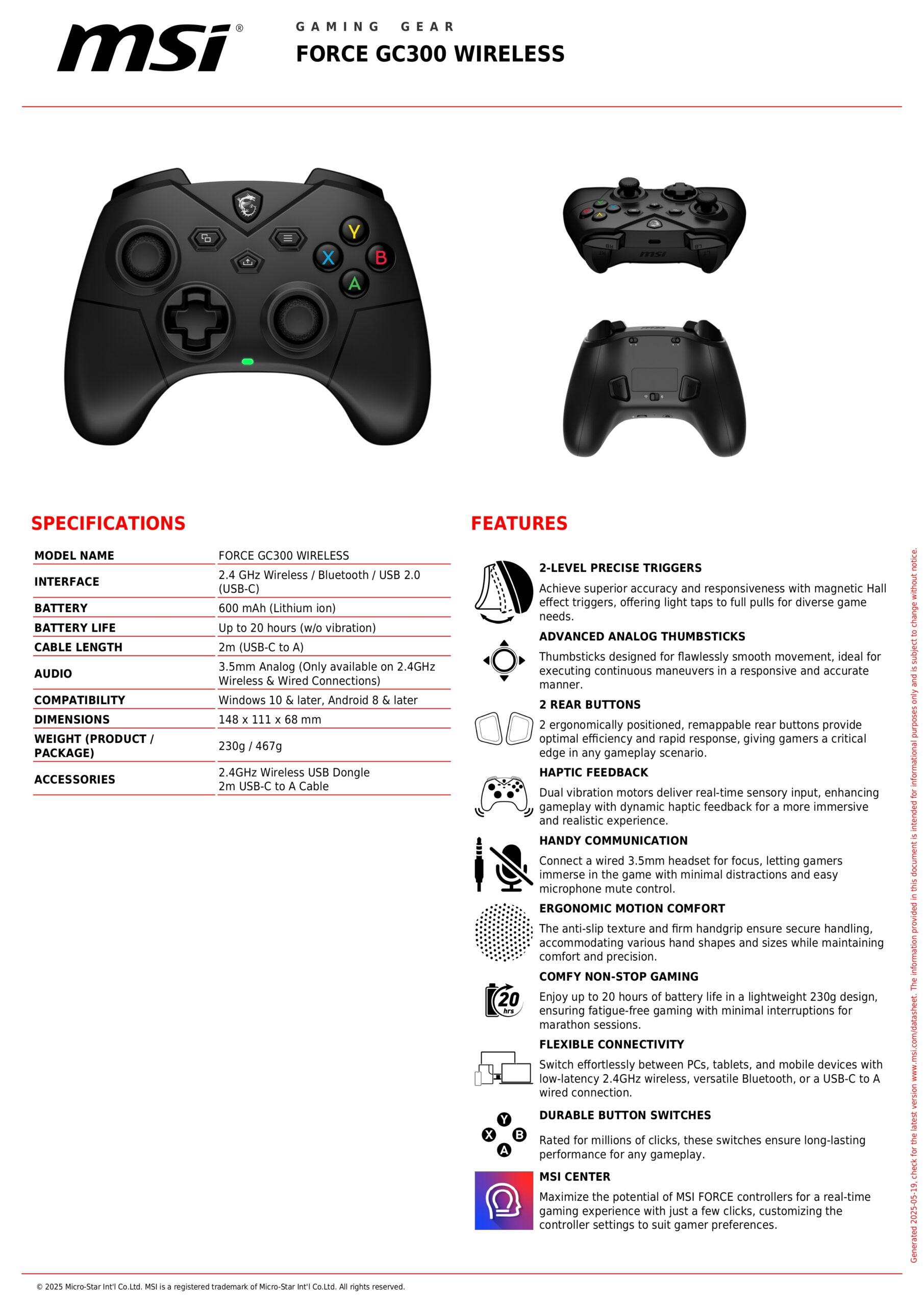MSI FORCE GC300 WIRELESS SPECS