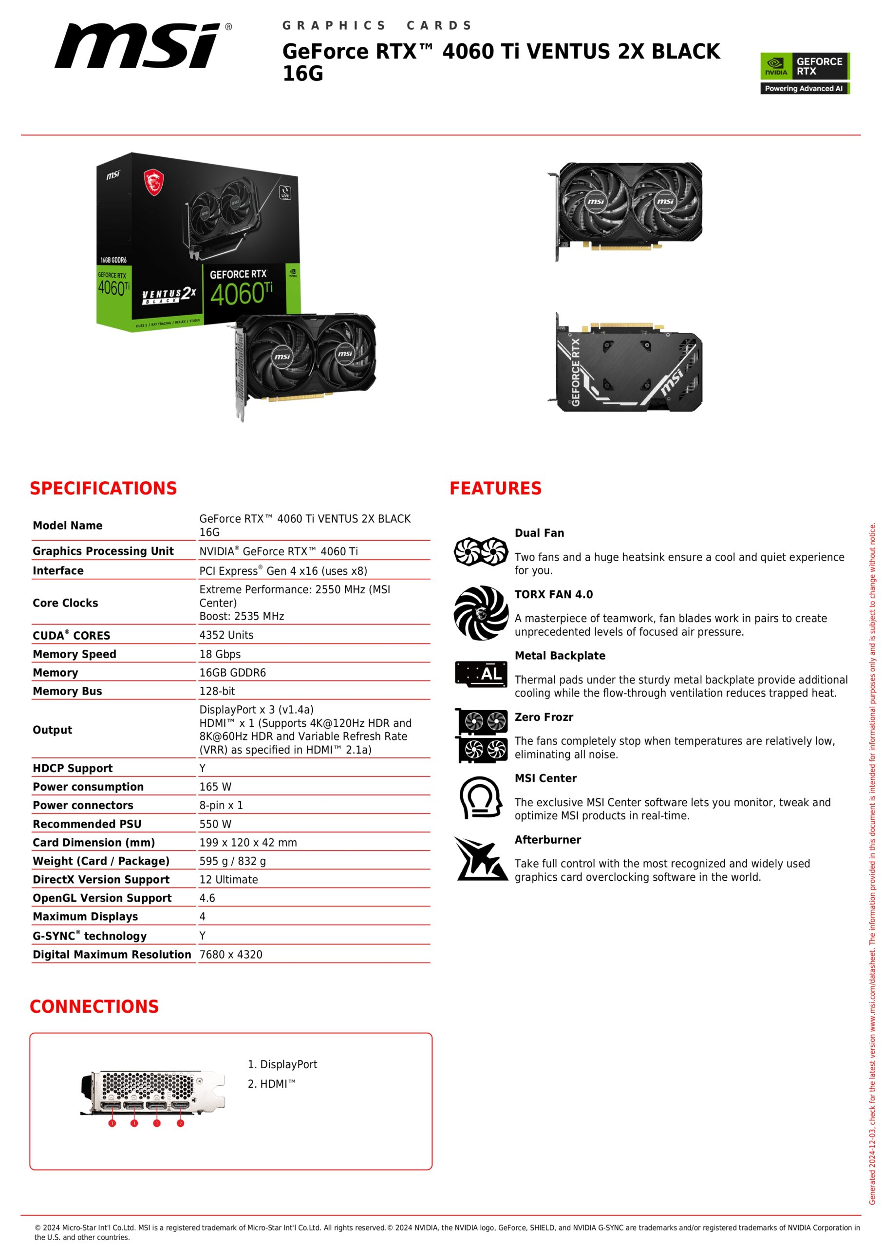 MSI RTX 4060 TI VENTUS 2X 16GB SPECS