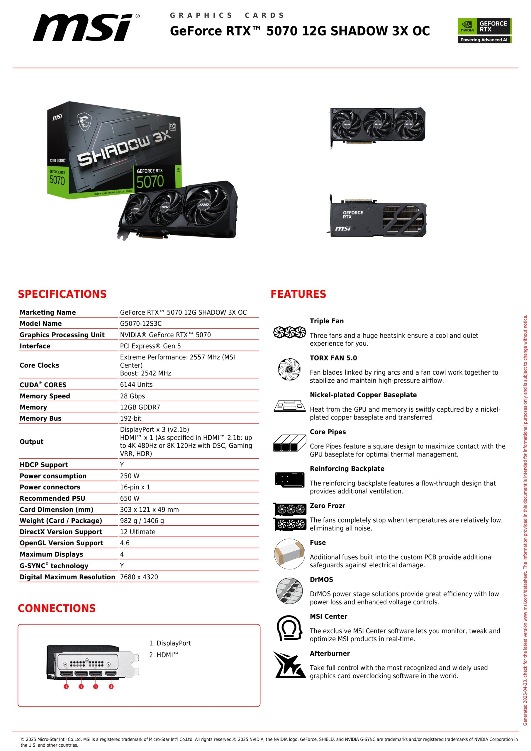 MSI RTX 5070 SHADOW 3X OC 12GB SPECS