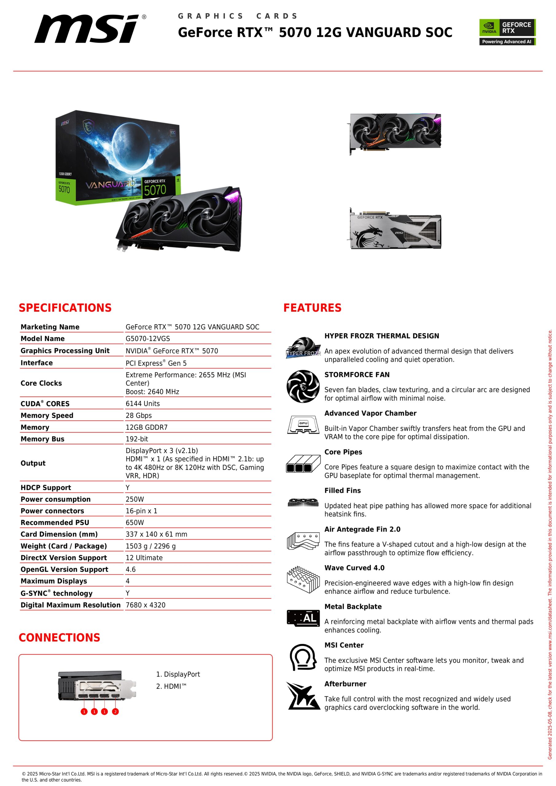 MSI RTX 5070 VANGUARD SOC 12GB SPECS
