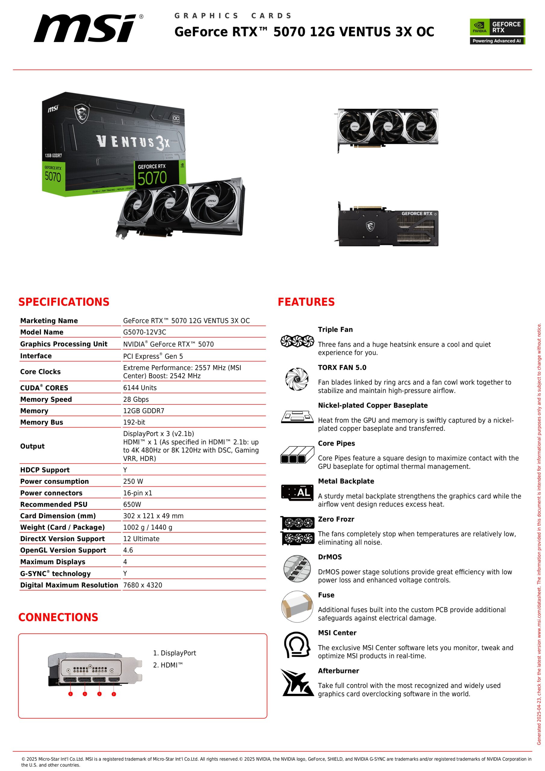 MSI RTX 5070 VENTUS 3X OC 12GB SPECS