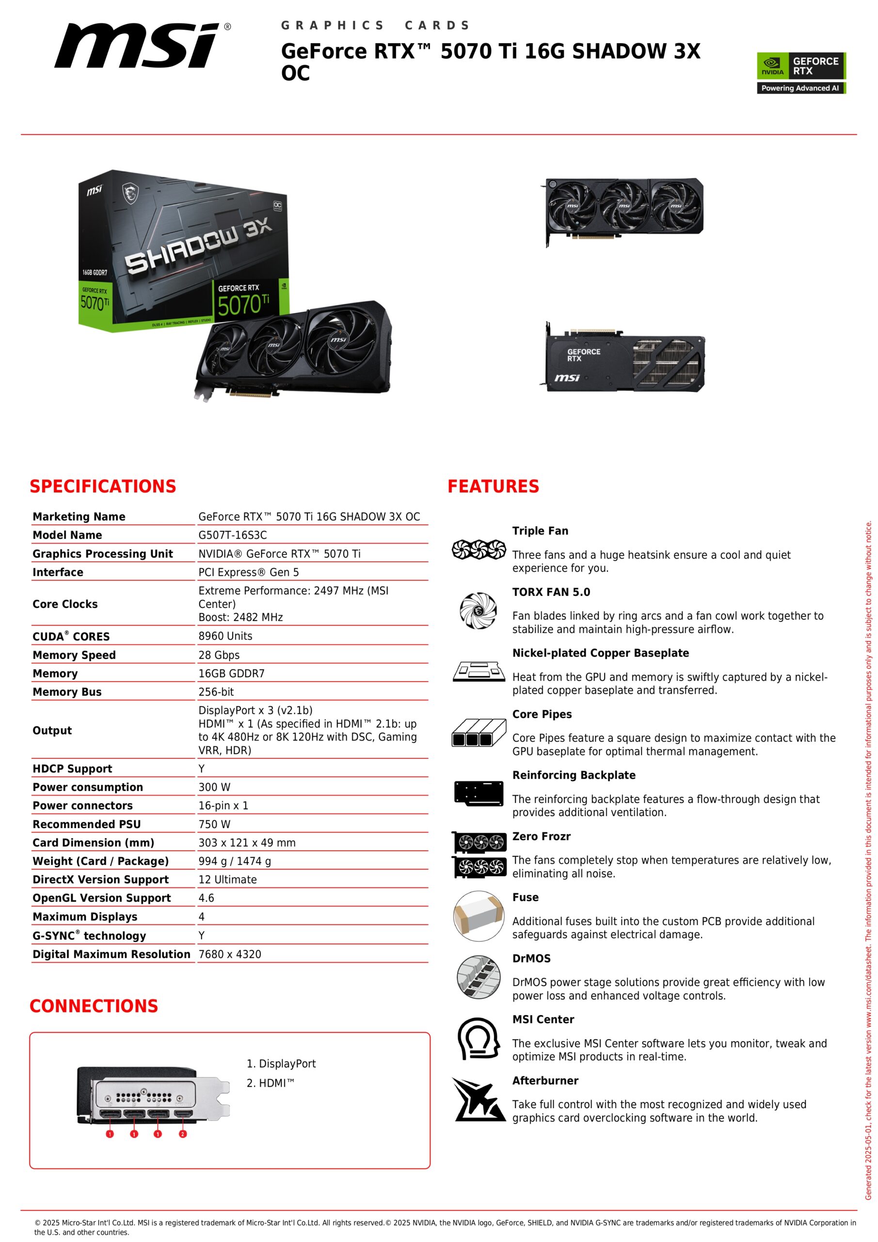 MSI RTX 5070 TI SHADOW 3X OC 16GB SPECS