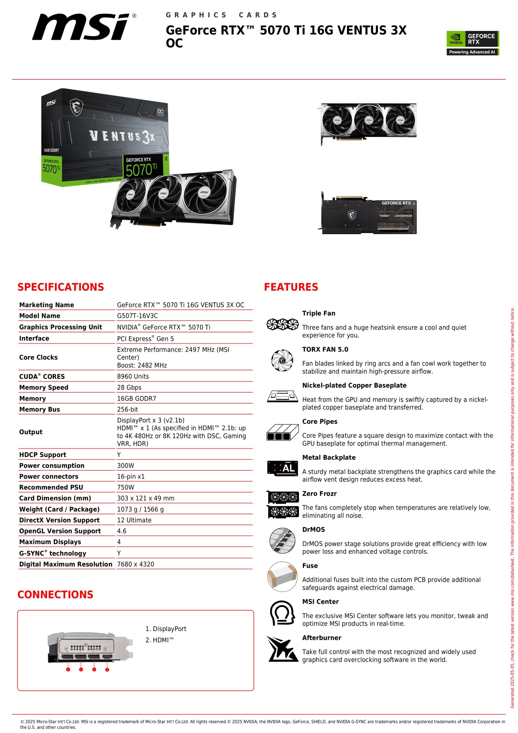 MSI RTX 5070 TI VENTUS 3X OC 16GB SPECS