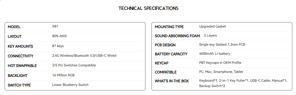 ATTACK SHARK X87 SPECS