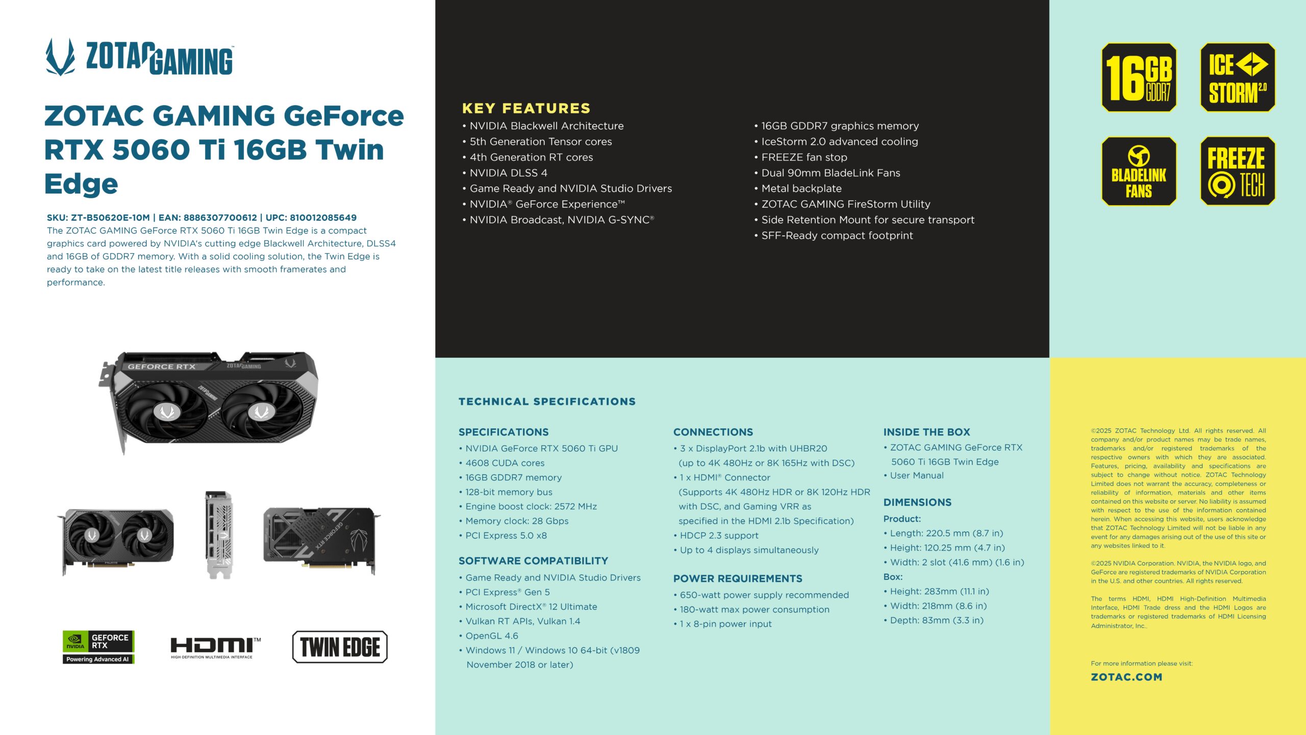 ZOTAC RTX 5060 TI TWIN EDGE 16GB SPECS