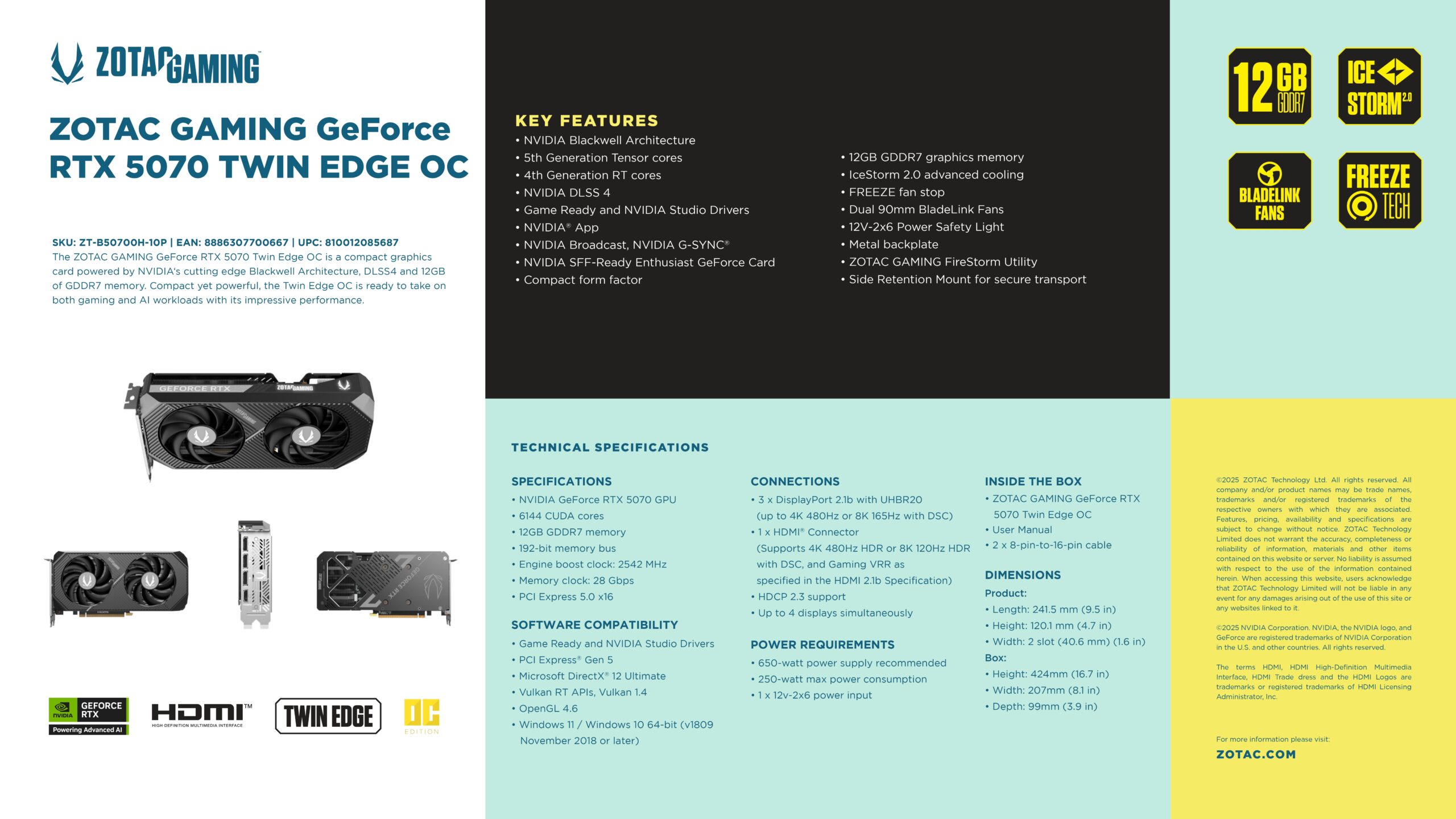 ZOTAC RTX 5070 TWIN EDGE OC 12GB SPECS