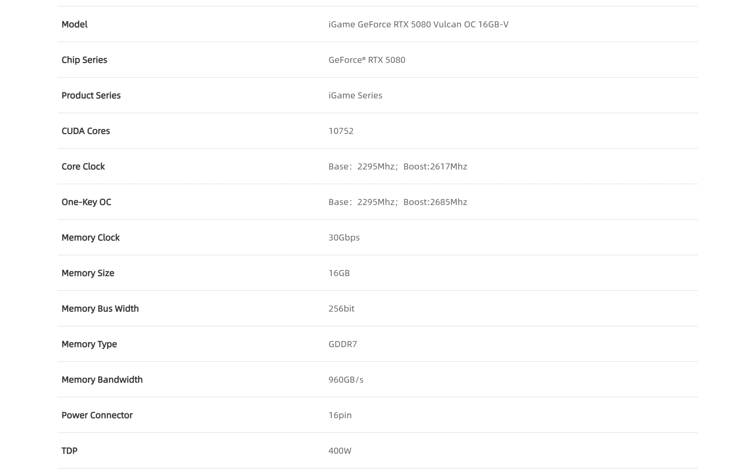 COLORFUL IGAME RTX 5080 VULCAN OC 16GB BLACK SPECS