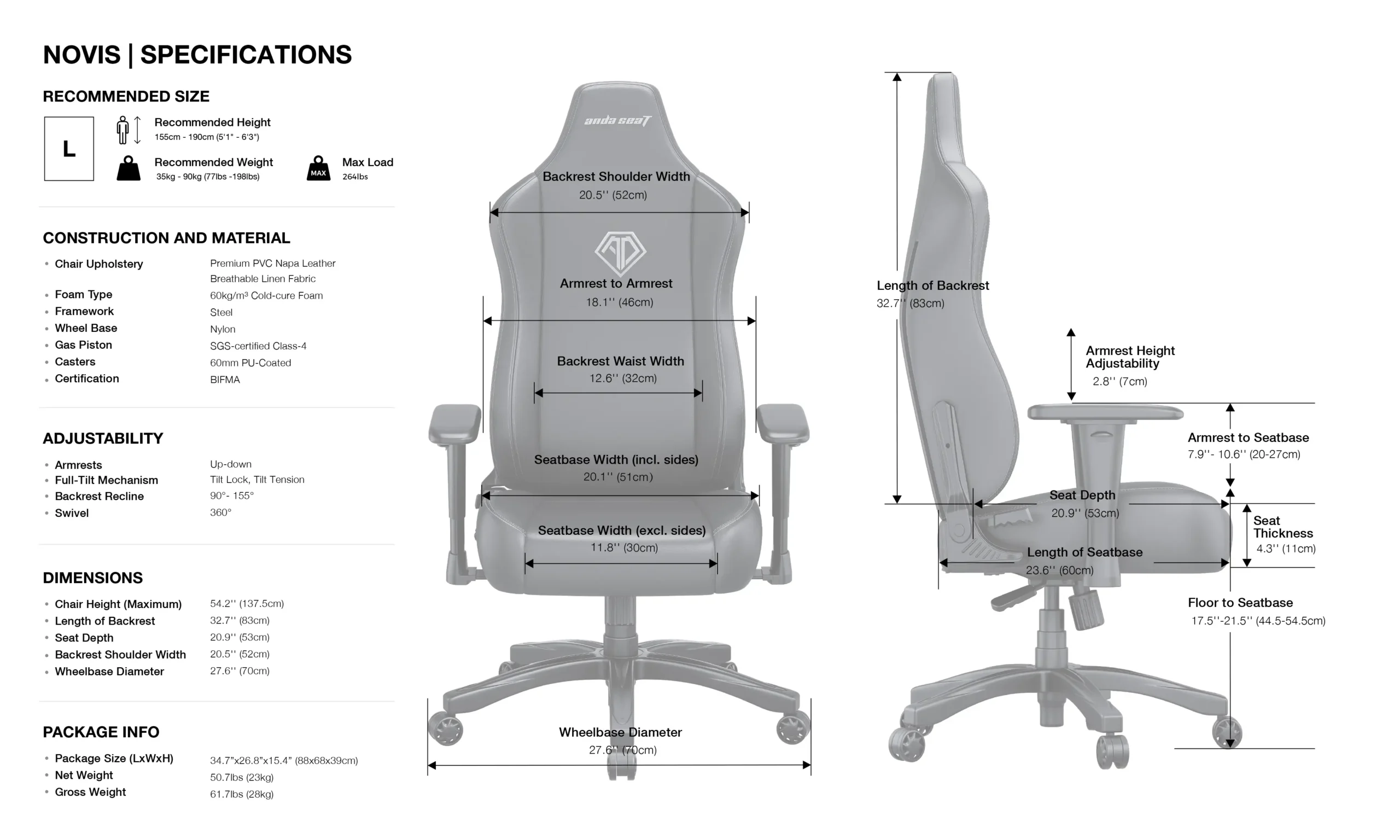 ANDASEAT NOVIS LARGE SPECS