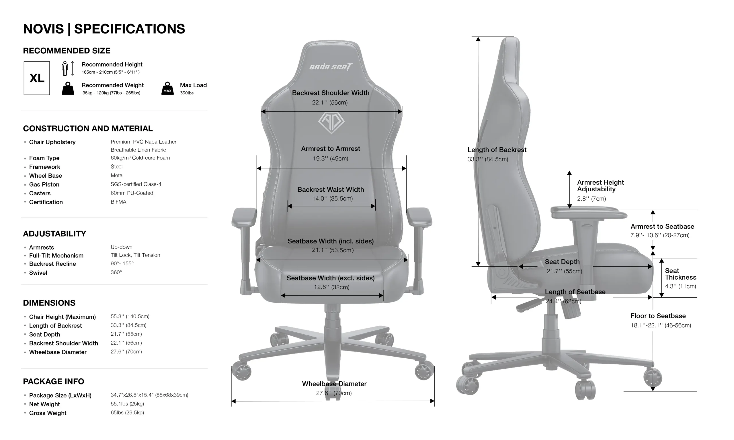 ANDASEAT NOVIS XL SPECS