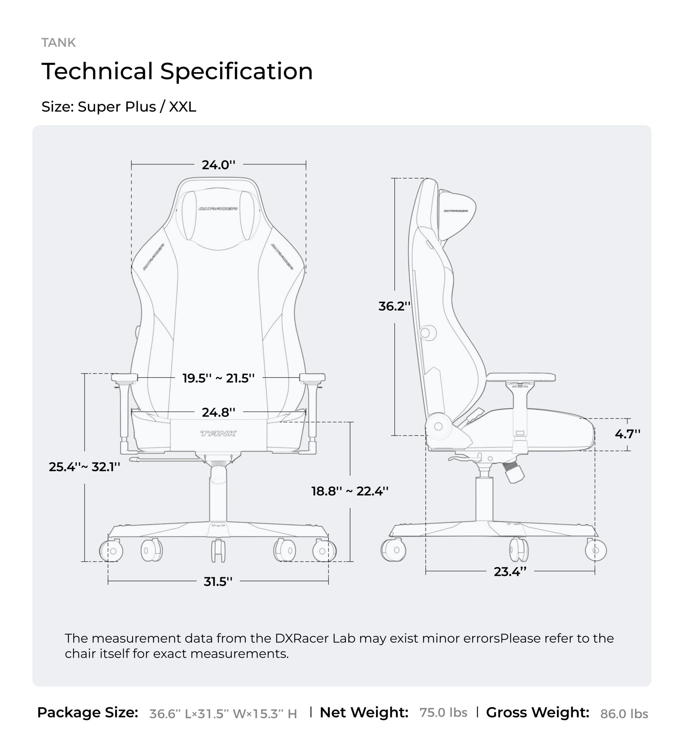 DXRACER TANK SERIES SIZE SPECS