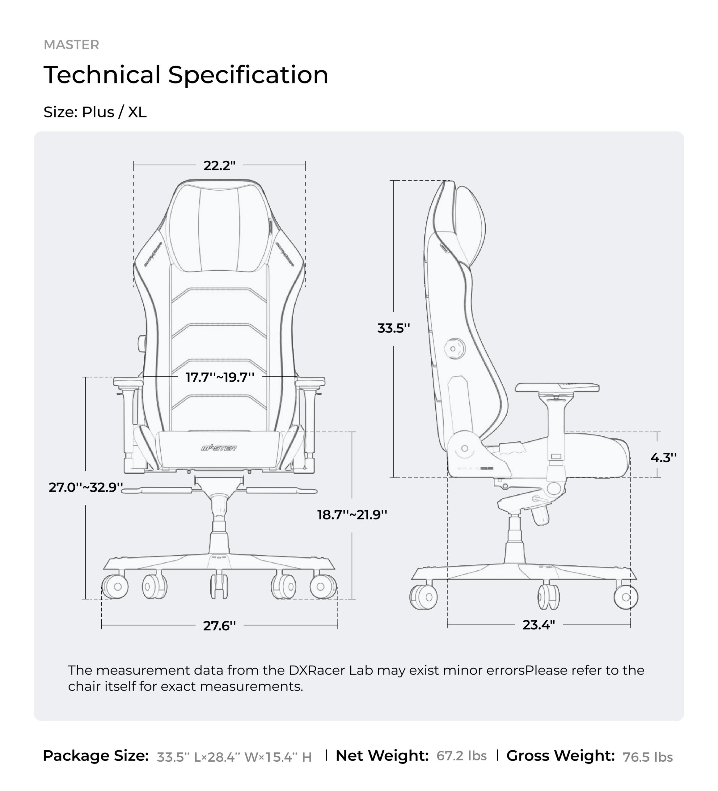 DXRACER MASTER SERIES SIZE SPECS