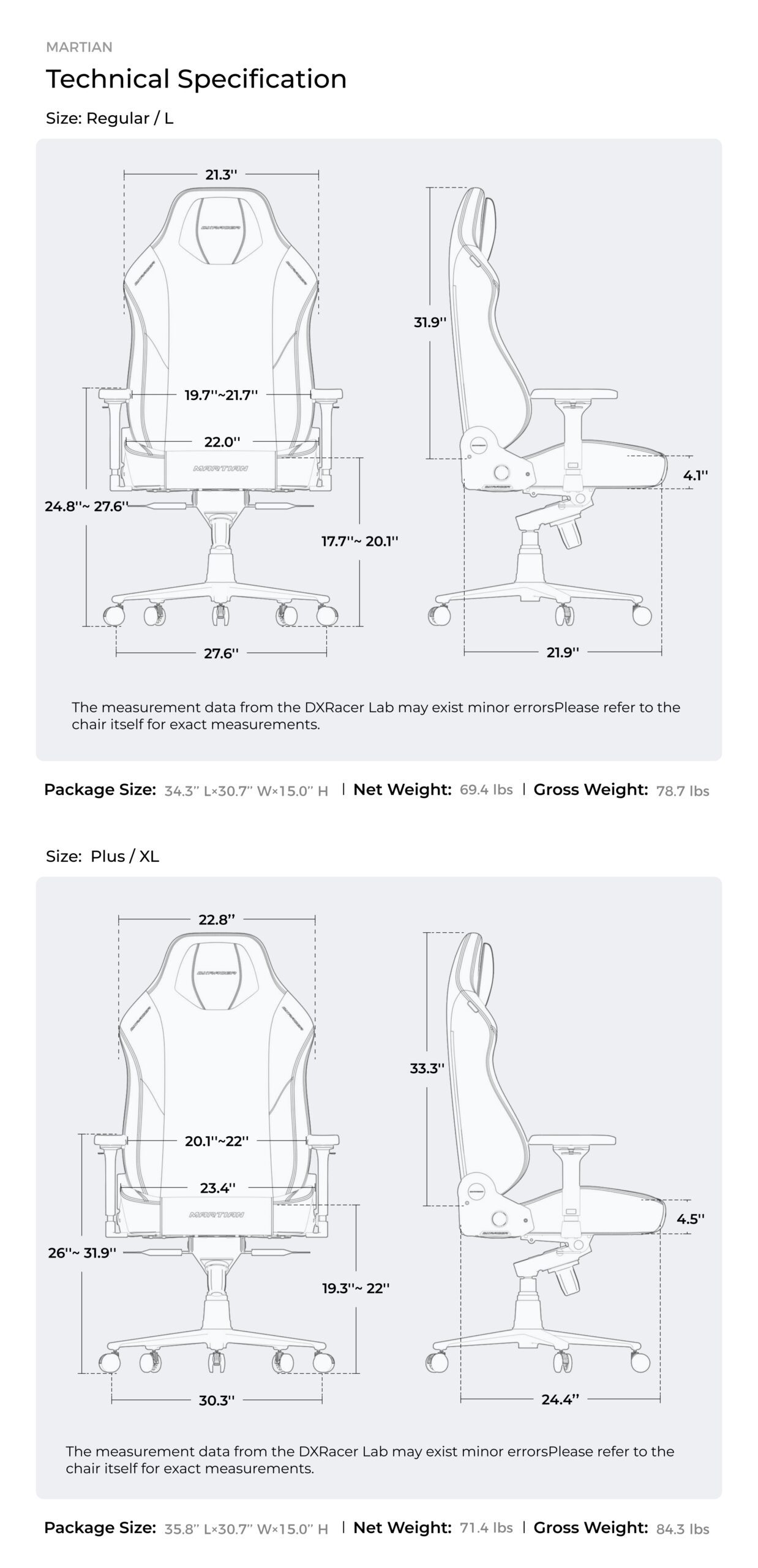 DXRACER MARTIAN SERIES SIZE SPECS
