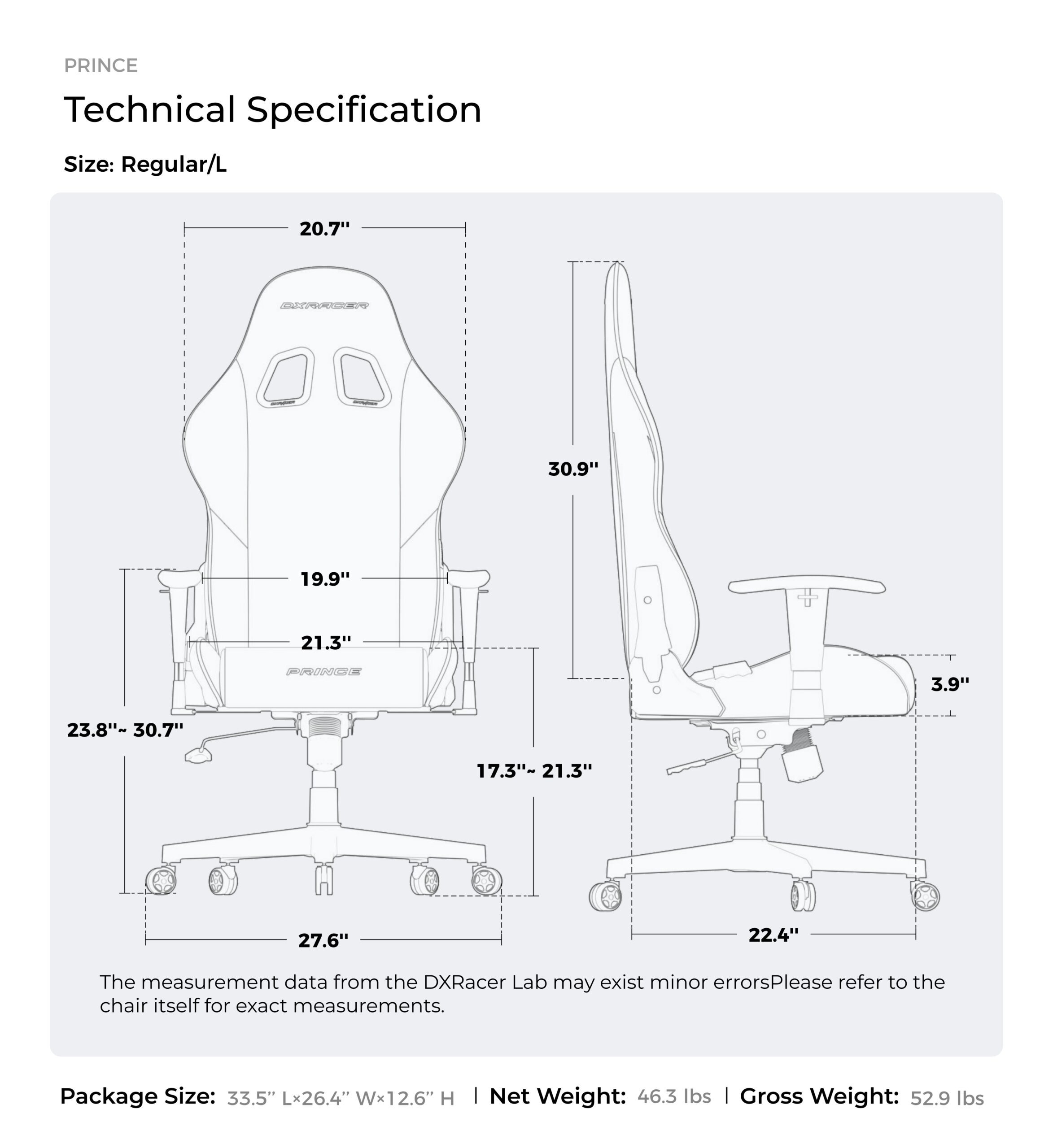 DXRACER PRINCE SERIES SIZE SPECS